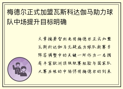 梅德尔正式加盟瓦斯科达伽马助力球队中场提升目标明确 梅德尔正式加盟瓦斯科达伽马助力球队中场提升目标明确