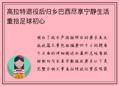 高拉特退役后归乡巴西尽享宁静生活重拾足球初心 高拉特退役后归乡巴西尽享宁静生活重拾足球初心